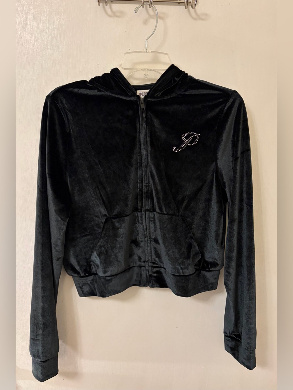 PINK Victoria's Secret Black Velour Zip-Up Hoodie Jacket